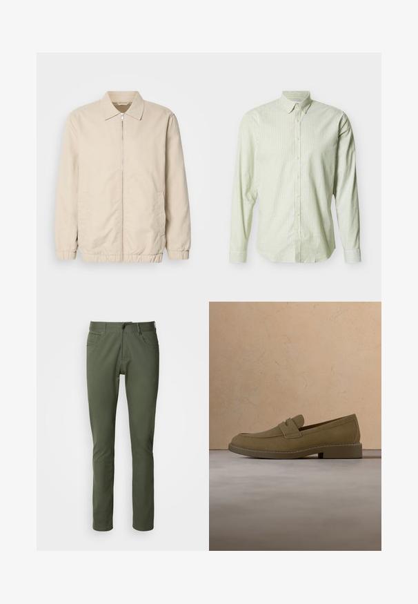 Beige letvægtsjakke med lynlås foran, krave, elastiske manchetter og sidelommer. Glat tekstur, lige snit og minimalistisk design.; Langærmet skjorte med knapper, i lysegrønne og hvide lodrette striber, med en knappet krave på en ensfarvet baggrund.; Olivenfarvede bukser lavet af bomuldsblanding, med klassisk lige pasform, fem lommer og metalknaplukning. Glat tekstur.; Brun mokkalærreds loafersko svæver over et tekstureret beige tæppe i en stue med et træ sofabord og stabler af bøger.