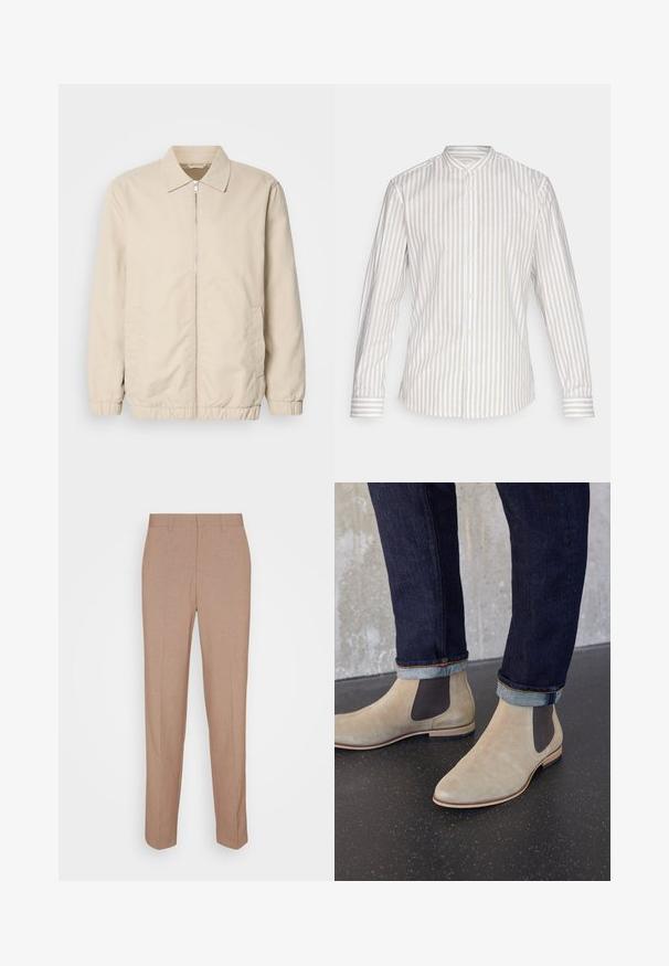 Beige letvægtsjakke med lynlås foran, krave, elastiske manchetter og sidelommer. Glat tekstur, lige snit og minimalistisk design.; Langærmet skjorte i et lysebeige og hvidt lodret stribet mønster. Den har en ståkrave og knaplukning med matchende manchetter.; Beige skræddersyede bukser i en glat, struktureret stof. Straight fit med en linning og uden synlige pyntedetaljer eller lommer.; Lyse beige ruskind Chelsea-støvler med mørke elastiske sidepaneler, båret med mørke op rullede denimjeans på sort plettet gulv.