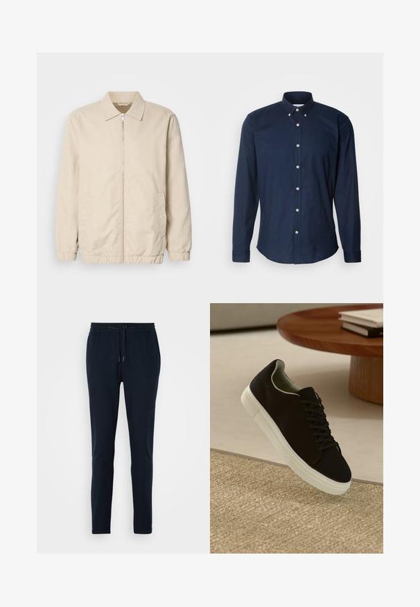 Veste légère beige avec fermeture éclair sur le devant, col, poignets élastiques et poches latérales. Texture lisse, coupe droite et design minimaliste.; Chemise à manches longues bleu marine avec un col boutonné, des boutons sur le devant et un ourlet arrondi. Fabriquée en tissu coton lisse.; Pantalon de jogging bleu marine en tissu doux avec une taille élastique, cordon de serrage réglable et une coupe fuselée.; Baskets noires avec semelle blanche flottant au-dessus d'un tapis texturé beige, près d'une table en bois ronde avec des livres empilés.