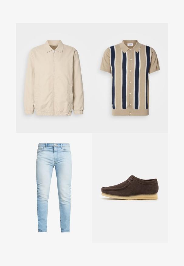 Beige letvægtsjakke med lynlås foran, krave, elastiske manchetter og sidelommer. Glat tekstur, lige snit og minimalistisk design.; Tan polo med korte ærmer, navy og hvide lodrette striber, frontknaplukning og en klassisk krave. Blødt strikket stof.; Lysblå denimjeans med slim fit, som har høj talje og subtilt slid, knaplukning og fem-lomme design.; Brune ruskindsko med en glat overflade, rund tå og minimalistisk design. Har en lysgummisål og kontrastfarvet snøredetalje.