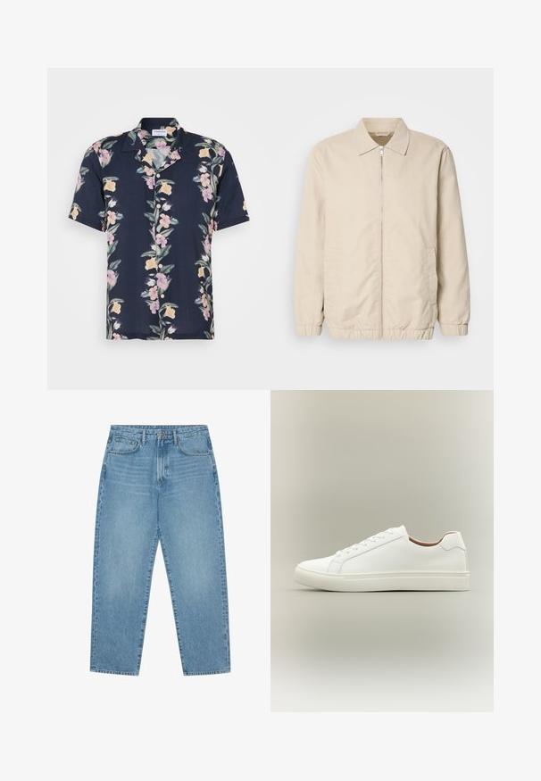 Chaqueta ligera beige con cierre frontal, cuello, puños elásticos y bolsillos laterales. Textura suave, corte recto y diseño minimalista.; Camisa de manga corta en tela azul marino oscuro con un patrón floral de flores rosas y amarillas, y un cuello clásico con botones.; Pantalones vaqueros de mezclilla azul claro con corte de pierna recta, diseño de cinco bolsillos y textura ligeramente desgastada. Cuentan con cierre de botón y cremallera.; Zapatilla blanca de corte bajo con cierre de cordones y suela plana, mostrada de perfil sobre un fondo neutro.