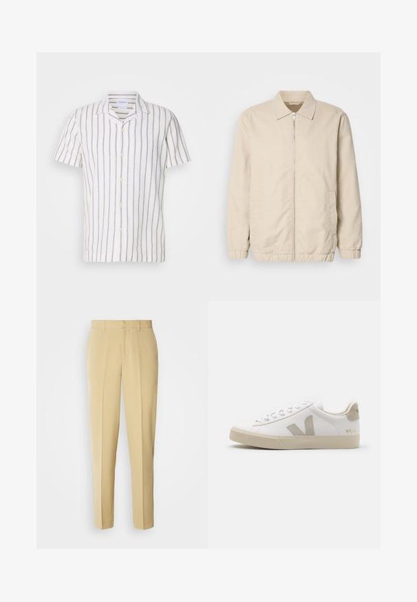 Chaqueta ligera beige con cierre frontal, cuello, puños elásticos y bolsillos laterales. Textura suave, corte recto y diseño minimalista.; Camisa de lino de manga corta con rayas verticales en gris claro sobre un fondo blanco, con un cuello clásico y cierre frontal de botones.; Pantalones beige a medida con corte recto, frente plano y bolsillos laterales. Fabricados con una tela suave con un ligero brillo.; Zapatillas blancas de cuero con acentos en beige, suela plana de goma, puntera redonda y logotipo contrastante en el lado y la parte trasera. Diseño con cordones.