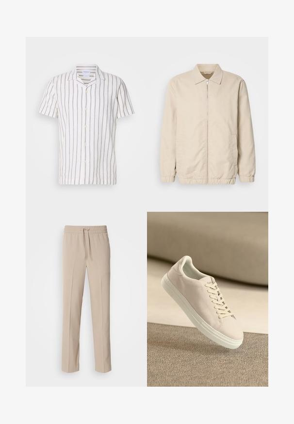 Beige leichte Jacke mit Reißverschluss, Kragen, elastischen Bündchen und Seitentaschen. Glatte Textur, gerader Schnitt und minimalistisches Design.; Kurzarmhemd aus Leinen mit hellgrauen vertikalen Streifen auf weißem Hintergrund, klassischem Kragen und Knopfverschluss vorne.; Beige, locker sitzende Hosen aus weichem Stoff, mit einem elastischen Bund und Kordelzug sowie geraden Beinen mit minimalen Akzenten.; Beige Wildleder-Sneaker mit weißer Sohle und Schnürsenkeln, die über einem strukturierten beigen Teppich vor einem sanften beigen Hintergrund schwebt.