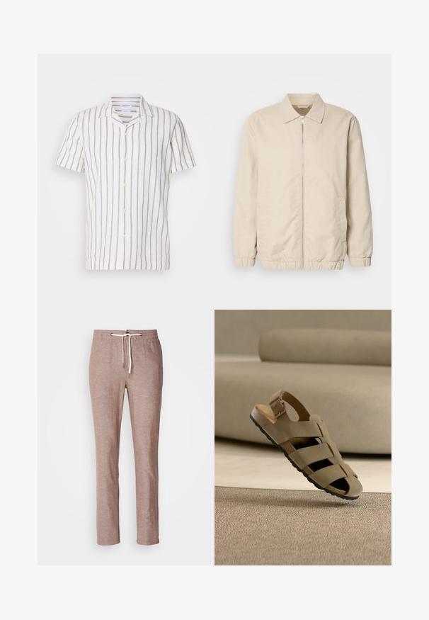 Chaqueta ligera beige con cierre frontal, cuello, puños elásticos y bolsillos laterales. Textura suave, corte recto y diseño minimalista.; Camisa de lino de manga corta con rayas verticales en gris claro sobre un fondo blanco, con un cuello clásico y cierre frontal de botones.; Pantalones de lino marrón claro con cintura ajustable, diseño de pierna recta y superficie ligeramente texturizada. Sin bolsillos adicionales ni adornos.; Sandalia beige con correa ajustable con hebilla y suela negra, situada sobre una alfombra texturizada en una habitación de tonos neutros.