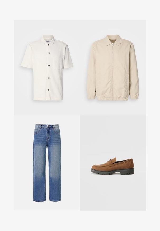 Chaqueta ligera beige con cierre frontal, cuello, puños elásticos y bolsillos laterales. Textura suave, corte recto y diseño minimalista.; Camisa blanca de manga corta con un diseño texturizado, botones frontales en marrón oscuro y un único bolsillo en el pecho.; Jeans de mezclilla de pierna ancha en azul claro con un patrón de desvanecimiento, cinco bolsillos y cierre de cremallera. Presenta un botón y passadores para el cinturón en la cintura.; Mocasines de ante marrón con punta redondeada y una suela de goma negra baja, que presentan una correa decorativa y detalles de costura en la parte superior.