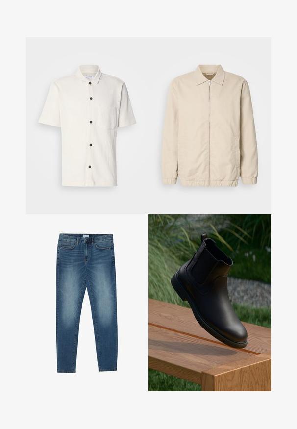 Beige lichtgewicht jack met een rits aan de voorkant, kraag, elastische manchetten en zijzakken. Gladde textuur, rechte snit en minimalistisch ontwerp.; Witte short-sleeve overhemd met een textuurontwerp, een rijtje donkere bruine knopen aan de voorkant en een enkele borstzak.; Middenblauwe denim jeans met een vervaagde was, vijfzakdesign, rechte pasvorm en gestikte accenten. Sluiting met knoop en rits.; Zwarte leren enkellaars met elastische zijpanelen, ronde neus en een getextureerd rubberen loopvlak, zwevend boven een houten tafel.