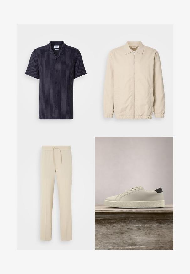 Beige letvægtsjakke med lynlås foran, krave, elastiske manchetter og sidelommer. Glat tekstur, lige snit og minimalistisk design.; Marineblå kortærmet skjorte med hvide lodrette striber, klassisk krave og frontknapper; har en afslappet pasform og letvægtsstof.; Beige, elastisk taljebukser med snoretræk. Har lige ben og en glat tekstur, velegnet til afslappet brug eller afslapning.; Hvid sneaker med tekstureret sål og sort hældetalje, svævende over en træbænk med højt grønt græs i baggrunden.