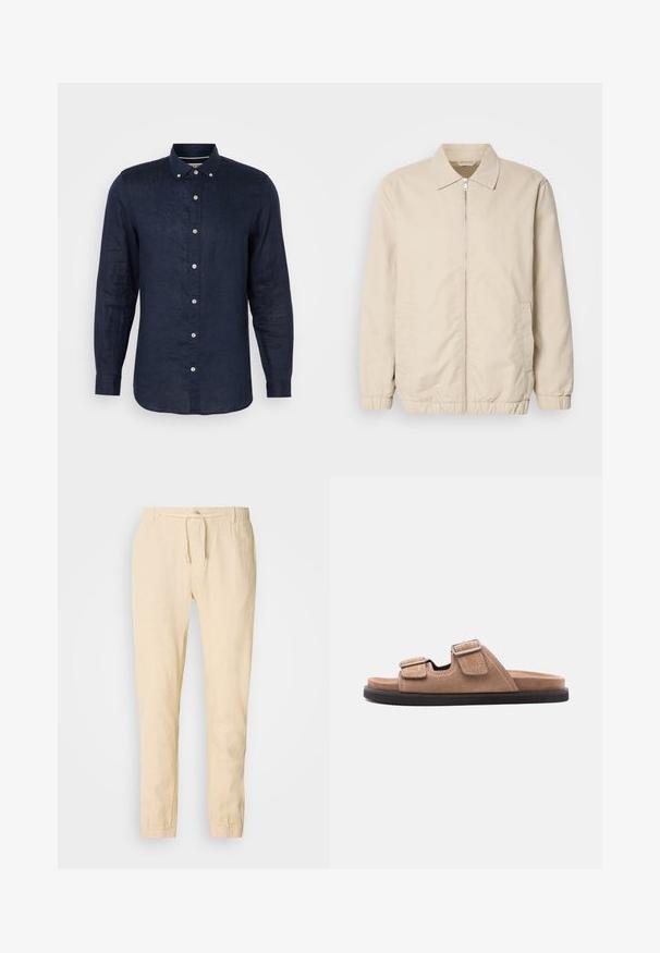 Veste légère beige avec fermeture éclair sur le devant, col, poignets élastiques et poches latérales. Texture lisse, coupe droite et design minimaliste.; Chemise à manches longues bleu marine en lin, avec un col boutonné, six boutons sur le devant et un ourlet légèrement arrondi.; Pantalons en lin beige clair avec taille à cordon, jambes fuselées et poignets élastiques. Design simple avec une texture subtile.; Sandale à glissière en suède marron avec semelle noire, présentant deux brides ajustables avec boucles et détail de couture blanche, vue latérale sur fond blanc.
