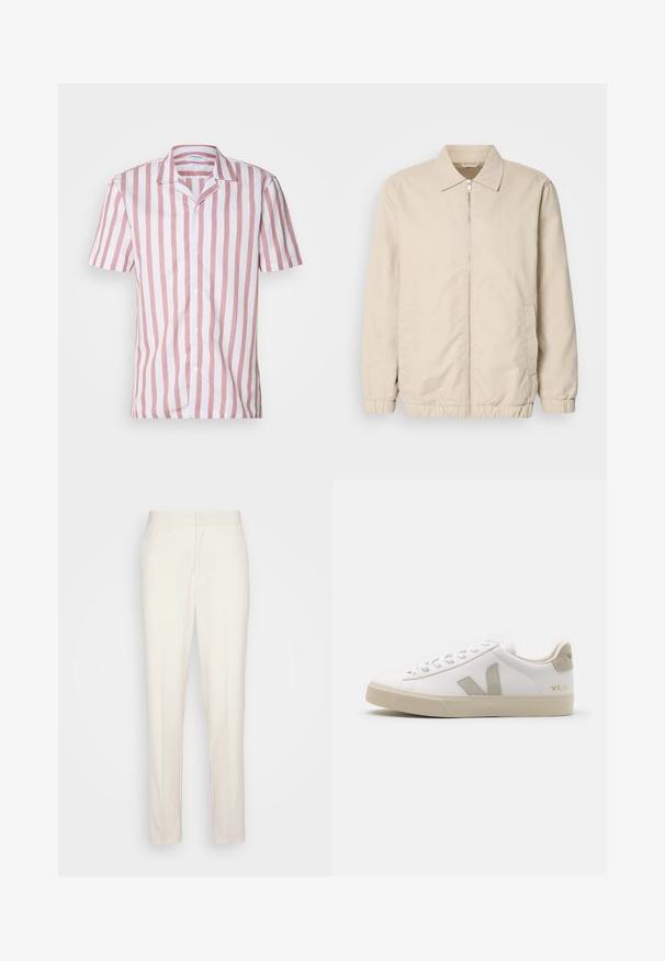 Beige letvægtsjakke med lynlås foran, krave, elastiske manchetter og sidelommer. Glat tekstur, lige snit og minimalistisk design.; Kortærmet skjorte i pink og hvide lodrette striber, lavet af letvægtsstof, med krave og knaplukning foran.; Cremefarvede skræddersyede bukser med lige snit, lavet af tekstureret stof. Har bæltestikler og en lynlåslukning foran.; Hvide lædersneakers med beige detaljer, flad gummisål, rund tå og kontrasterende logo på siden og bagsiden. Snørebåndsdesign.