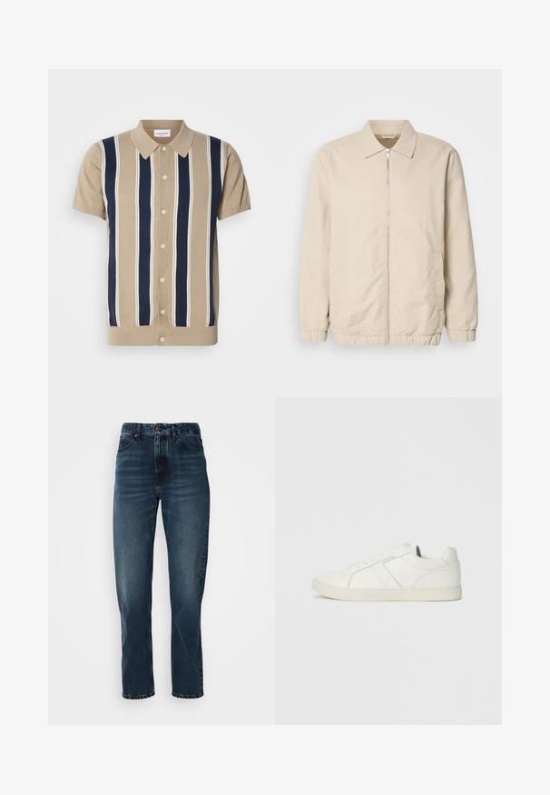 Beige letvægtsjakke med lynlås foran, krave, elastiske manchetter og sidelommer. Glat tekstur, lige snit og minimalistisk design.; Tan polo med korte ærmer, navy og hvide lodrette striber, frontknaplukning og en klassisk krave. Blødt strikket stof.; Mørkeblå lige bukser med frontknap og lynlås, fem-lomme design og subtil fading på lår og knæ.; Lave hvide lædersneakers med snørebånd og flad gummisål, set fra indersiden på en ensfarvet baggrund.