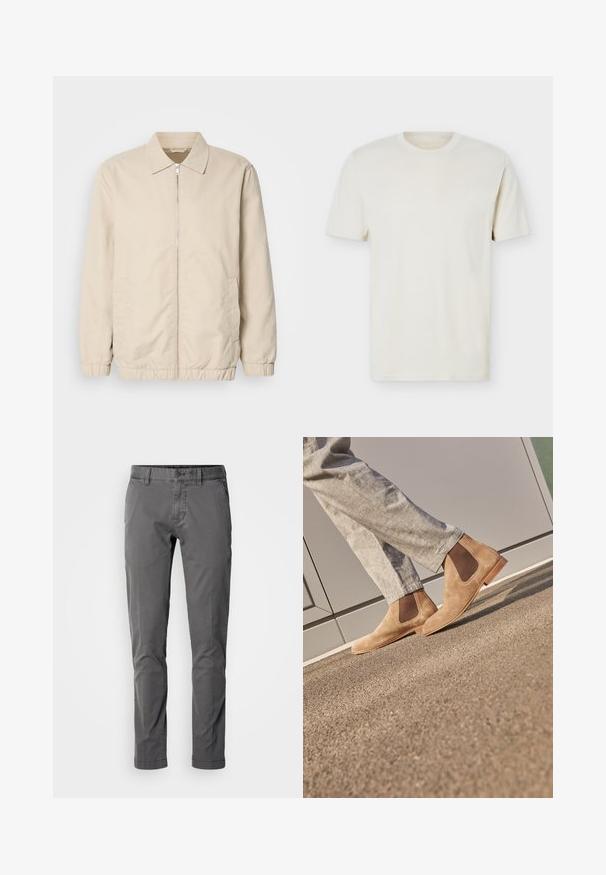 Veste légère beige avec fermeture éclair sur le devant, col, poignets élastiques et poches latérales. Texture lisse, coupe droite et design minimaliste.; T-shirt à manches courtes couleur blanc cassé uni avec col rond et logo discret sur le côté gauche de la poitrine, présenté sur un fond blanc uni.; Pantalons en coton gris slim-fit avec fermeture à bouton, poches latérales et texture lisse. Caractéristiques d'un design classique et d'une silhouette ajustée.; Bottines Chelsea en daim marron avec des panneaux latéraux en élastiquem et une semelle en caoutchouc lisse couleur tan, associées à un pantalon gris clair sur une surface texturée.