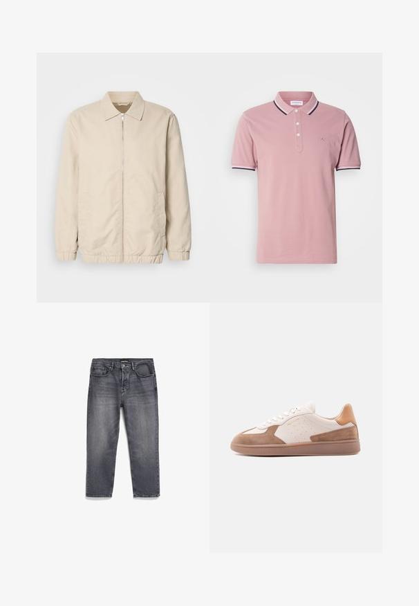 Beige leichte Jacke mit Reißverschluss, Kragen, elastischen Bündchen und Seitentaschen. Glatte Textur, gerader Schnitt und minimalistisches Design.; Rosa Polo-Shirt mit einem Zweiknopf-verschluss, geripptem Kragen mit marineblauen und weißen Streifen sowie einem dezenten Logo, das auf der Brust gestickt ist.; Graue Denim-Jeans mit einem ausgewaschenen Finish, gerade geschnitten, mit fünf Taschen und einer leicht abgenutzten Textur.; Weißer und beige farbener Sneaker mit niedrigem Schaft, Wildleder-Akzenten, perforierten Seiten, weißen Schnürsenkeln und einer strukturierten Gummisohle, seitlich auf weißem Hintergrund dargestellt.
