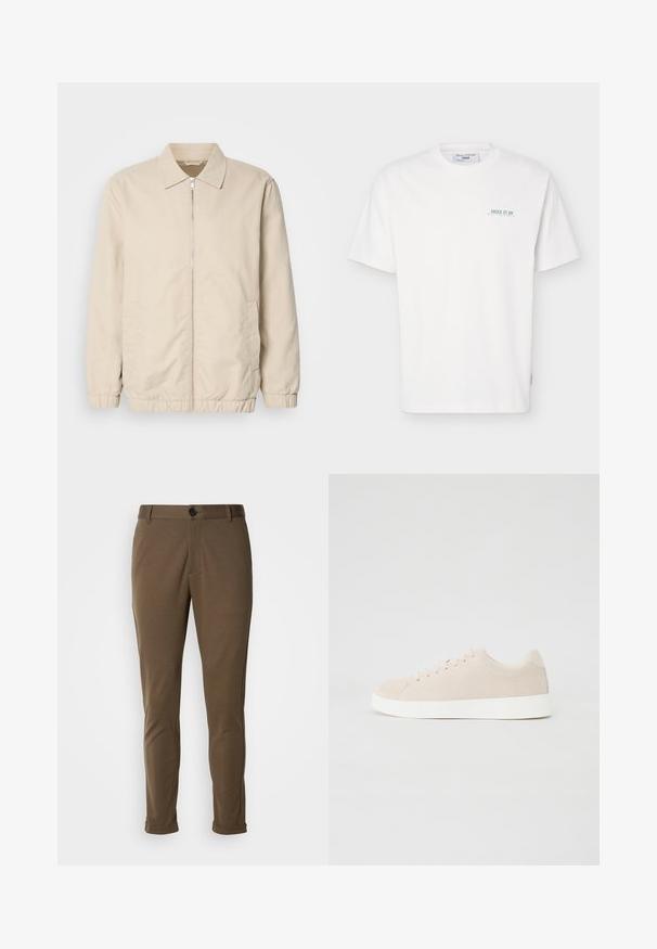 Beige letvægtsjakke med lynlås foran, krave, elastiske manchetter og sidelommer. Glat tekstur, lige snit og minimalistisk design.; Hvid T-shirt med korte ærmer og rund hals, med lille grøn tekst "JUICE IT UP Marc O'Polo Denim" på venstre bryst.; Brune skræddersyede bukser med en glat tekstur, der har en knaplukning og rullede manchetter. Designet med en slim fit og funktionelle lommer.; Beige ruskindsneakers med hvide gummisåler, rund tå og seks snøringshuller. Glat tekstur med minimalisk design.
