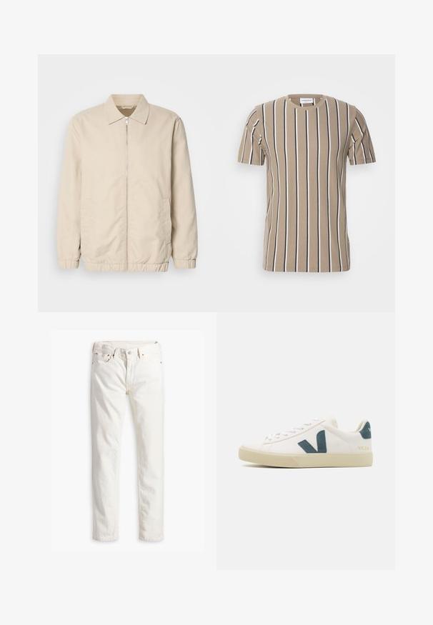 Beige leichte Jacke mit Reißverschluss, Kragen, elastischen Bündchen und Seitentaschen. Glatte Textur, gerader Schnitt und minimalistisches Design.; Beige Baumwoll-T-Shirt mit horizontalen Streifen in Dunkelbraun und Weiß, Rundhalsausschnitt und kurzen Ärmeln. Weiche Textur und lässiges Design.; Weiße Jeans im geraden Schnitt, fünf Taschen, Kupferknopf und Nieten sowie einem dezent strukturierten Stoff. Keine sichtbaren Muster.; Weißes Ledersneaker mit einem Logo aus türkisem Wildleder, runder Zehenpartie, Schnürdesign und Gummisohle mit strukturierten Details. Markenname "VEJA" in Gold.