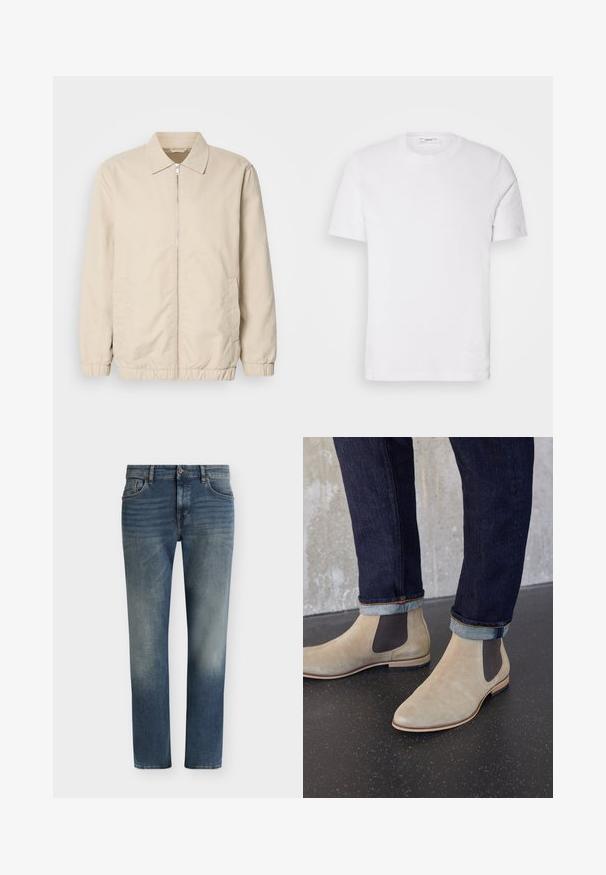 Beige leichte Jacke mit Reißverschluss, Kragen, elastischen Bündchen und Seitentaschen. Glatte Textur, gerader Schnitt und minimalistisches Design.; Weißes Baumwoll-T-Shirt mit Rundhalsausschnitt und kurzen Ärmeln. Verfügt über ein dezentes Logo auf der Vorderseite, eine glatte Textur und eine klassische Passform.; Blau verwaschene Jeans mit geradem Bein, Vordertaschen, Gürtelschlaufen und einem Knopfverschluss an der Taille.; Hellbeige Wildleder-Chelsea-Stiefel mit dunklen elastischen Seitenteilen, getragen zu dunklen hochgekrempelten Jeans auf einem schwarzen gesprenkelten Boden.