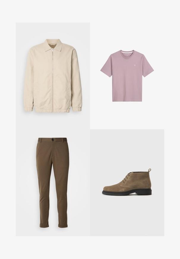 Beige letvægtsjakke med lynlås foran, krave, elastiske manchetter og sidelommer. Glat tekstur, lige snit og minimalistisk design.; Lyserød kortærmet t-shirt lavet af blødt stof, med rund hals og et lille broderet logo på brystet.; Brune skræddersyede bukser med en glat tekstur, der har en knaplukning og rullede manchetter. Designet med en slim fit og funktionelle lommer.; Brune ruskinds ankelstøvle med en rund tå, fire øjer til snørebånd og en sort gummisål. Har en pull tab bagpå.