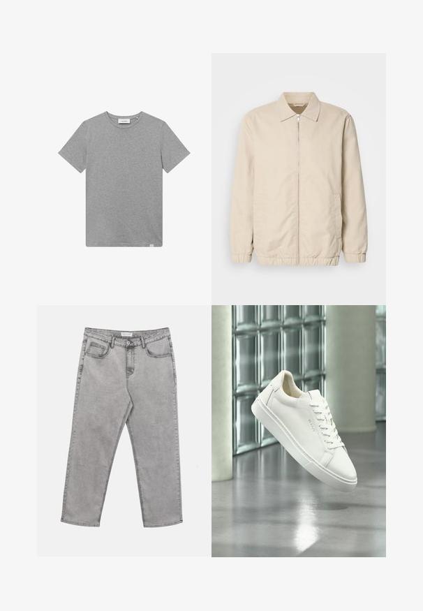 Beige kevyt takki, jossa on vetoketjulla suljettava etuosa, kaulus, joustavat hihansuut ja sivutaskut. Suloinen tekstuuri, suoralinjainen leikkaus ja minimalistischinen muotoilu.; Harmaa lyhythihainen t-paita, joka on valmistettu puuvillasekoitteesta. Paita on varustettu pyöreällä kaula-aukolla ja pienellä logotunnuksella vasemmalla puolella etumusta.; Vaaleanharmaat farkut, joissa on etunappi ja vetoketju, vyölenkit ja viisi taskua, aseteltuna tasaisesti valkoisen taustan päälle.; Valkoinen matalakärkinen nauhallinen tennari leijuu heijastavan betonilattian yläpuolella, taustana lasiblokkiseinä.