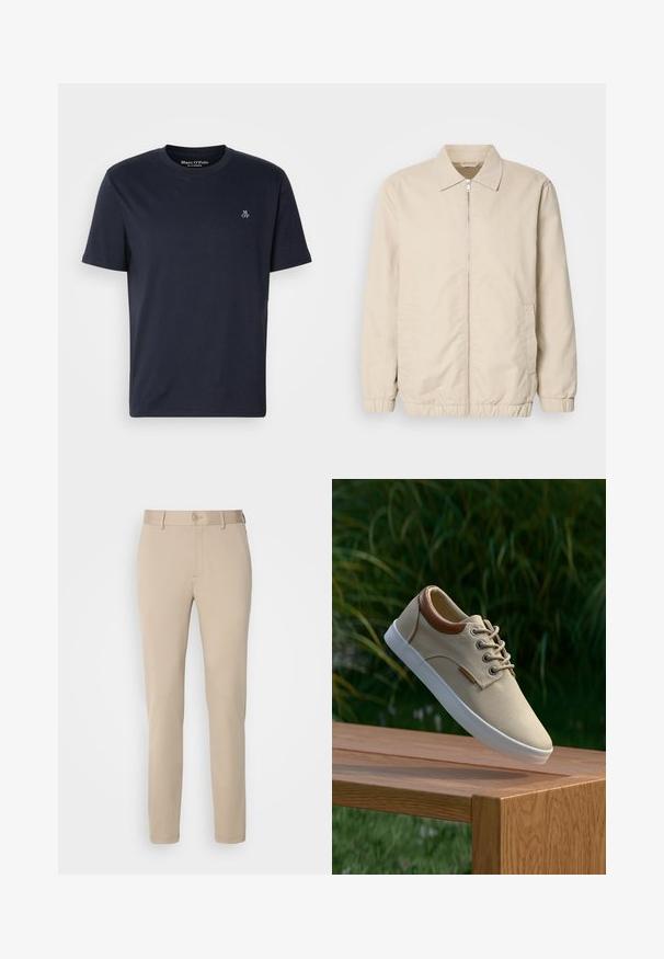 Beige letvægtsjakke med lynlås foran, krave, elastiske manchetter og sidelommer. Glat tekstur, lige snit og minimalistisk design.; Mørkeblå bomulds t-shirt med korte ærmer, rund halsudskæring og lille broderet logo på brystet. Glat tekstur, afslappet design.; Beige bukser lavet af glat stof, med knaplukning, lige pasform og syede kantdetaljer. Simpelt design uden mønstre.; Beige lærredssneaker med brune læderdetaljer, runde snører, hvid gummisål og tekstureret overflade, vist på en træoverflade.
