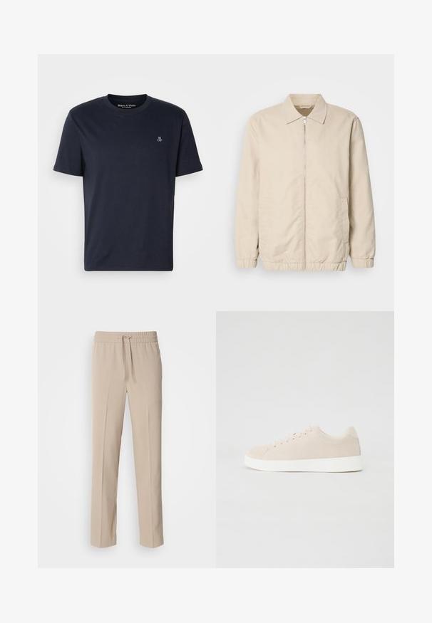 Beige letvægtsjakke med lynlås foran, krave, elastiske manchetter og sidelommer. Glat tekstur, lige snit og minimalistisk design.; Mørkeblå bomulds t-shirt med korte ærmer, rund halsudskæring og lille broderet logo på brystet. Glat tekstur, afslappet design.; Beige, afslappede bukser lavet af blødt materiale, med elastisk talje og snøre samt lige ben med minimale detaljer.; Beige ruskindsneakers med hvide gummisåler, rund tå og seks snøringshuller. Glat tekstur med minimalisk design.