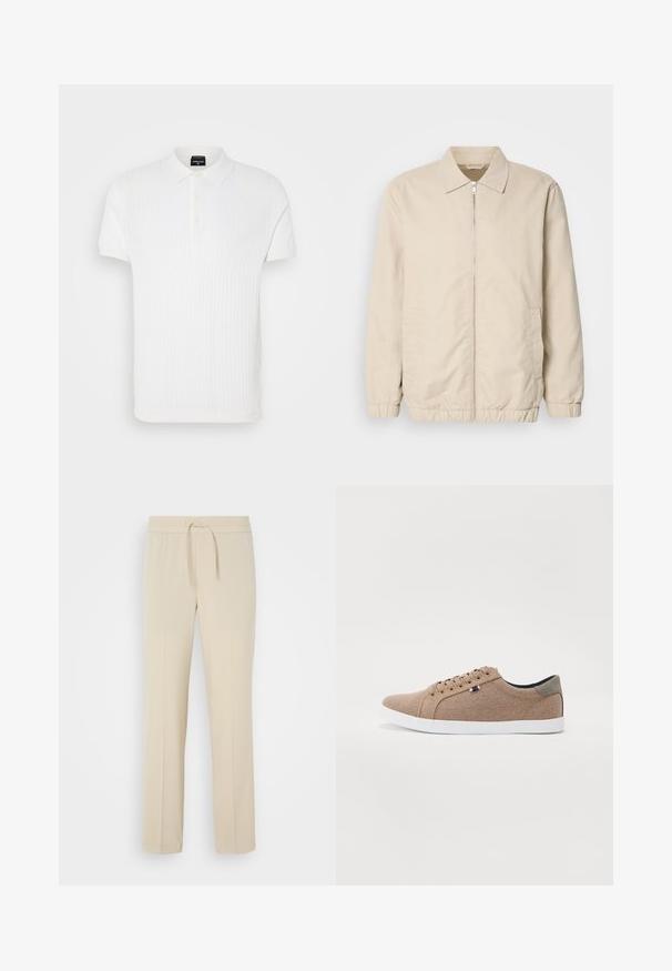 Veste légère beige avec fermeture éclair sur le devant, col, poignets élastiques et poches latérales. Texture lisse, coupe droite et design minimaliste.; Polo-shirt blanc à manches courtes avec un motif en maille texturée, col classique et patte de boutonnage à trois boutons. Fini en tissu lisse.; Pantalons beiges à taille élastique avec cordon de serrage. Comprend des jambes droites et une texture lisse, adaptés pour un usage décontracté ou pour se détendre.; Baskets en toile beige avec un design basse, semelle en caoutchouc blanc et lacets ronds. Présente un accent de talon gris contrastant et un détail de logo.