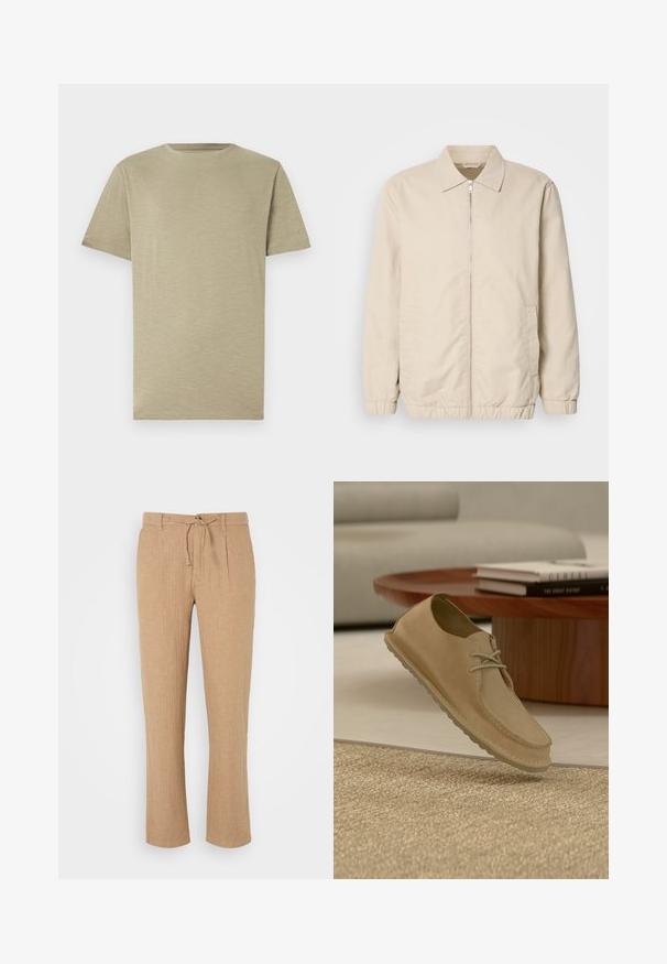 Beige leichte Jacke mit Reißverschluss, Kragen, elastischen Bündchen und Seitentaschen. Glatte Textur, gerader Schnitt und minimalistisches Design.; Helles Khaki-T-Shirt, kurze Ärmel, Rundhalsausschnitt, weiche Textur, glatter Stoff, ohne Muster oder Akzente, gerade geschnitten, neutrale Farbe.; Beige Leinenhosen mit geradem Bein, Kordelzugbund und dezent strukturiertem Finish. Vorderfalten verleihen dem klassischen Stil Detail.; Beiger Wildleder-Casual-Schnürschuh schwebt über einem strukturierten Teppich in einem modernen Wohnzimmer mit einem Holzcouchtisch und Büchern.