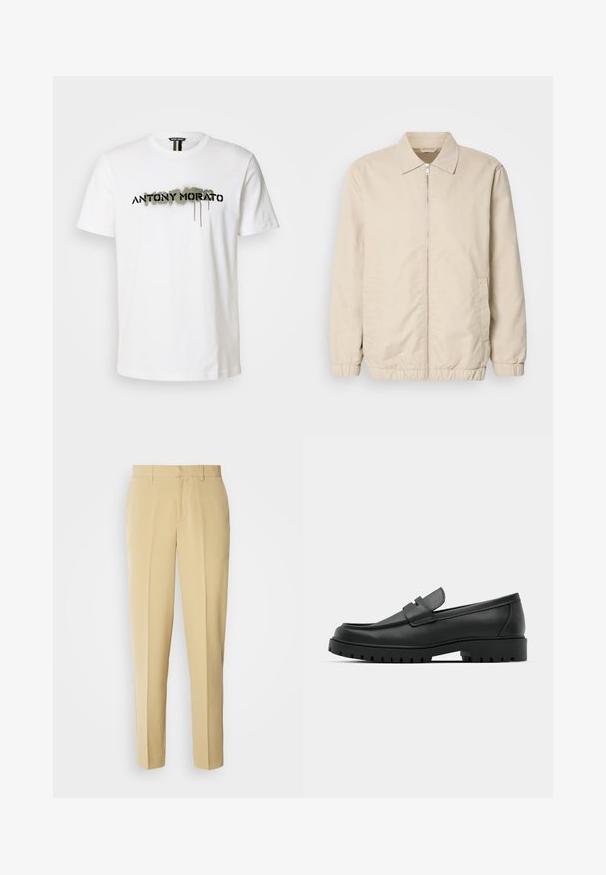 Beige leichte Jacke mit Reißverschluss, Kragen, elastischen Bündchen und Seitentaschen. Glatte Textur, gerader Schnitt und minimalistisches Design.; Weißes Baumwoll-T-Shirt mit einem auffälligen schwarzen "ANTONY MORATO"-Logo und grünen Sprühfarbe-Elementen, Rundhalsausschnitt und kurzen Ärmeln.; Beige maßgeschneiderte Hose mit geradem Schnitt, flachem Frontteil und seitlichen Taschen. Hergestellt aus einem glatten Stoff mit leichtem Glanz.; Schwarze Lederloafer mit runder Zehenform, ausgestattet mit einem gesteppten Design, niedrigem Plattformsohle und einer strukturierten, genoppten Gummisohle.