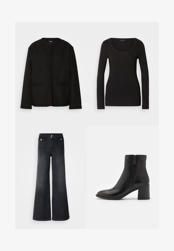Schwarze Jacke aus strukturiertem Stoff mit Rundhalsausschnitt, Vordertaschen und fransigem Saum an den Kanten und Ärmeln.; Schwarzes langärmliges Oberteil mit Rundhalsausschnitt, aus weichem, dehnbarem Material gefertigt. Verfügt über eine taillierte Form und eine glatte Textur. Markenlabel sichtbar.; Schwarze Denim-Jeans mit weitem Bein und hoher Taille, mit vorderen Knöpfen und zwei Vordertaschen; glatte Textur mit leichtem Verwaschungsfinish.; Schwarze Knöchelstiefel aus glattem Leder mit einem seitlichen Reißverschluss. Sie verfügen über eine spitze Schuhspitze und einen strukturierten Blockabsatz für Stabilität.