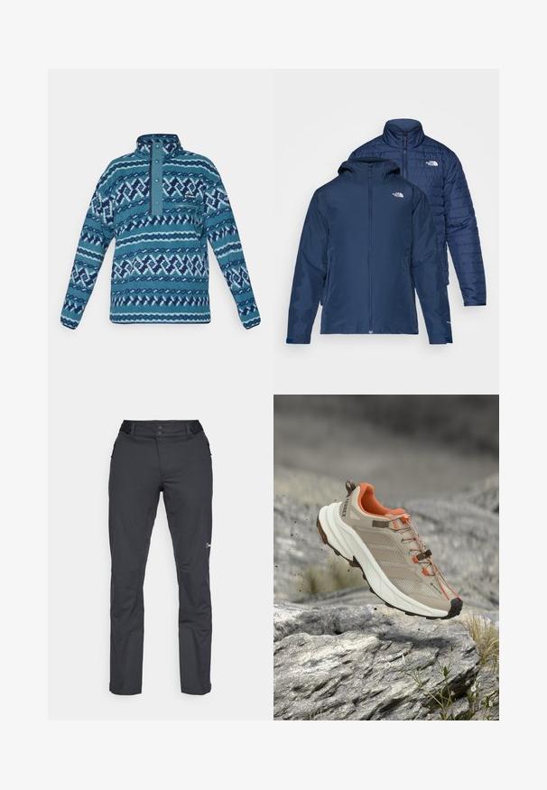 Marineblauwe reversible jas met een waterdichte buitenkant en een geïsoleerde puffer binnenkant. Voorzien van ritsen en dubbele zijzakken.; Blauwe fleece pullover met doorgestikt patroon, drukknoopsluiting, ritssluiting op de borstzak en lange mouwen, geschikt voor koud weer.; Berghaus RIDGE ROAMER - Outdoorbroeken - black; Beige en oranje wandelschoen met dikke zool, GORE-TEX-label en "TERREX"-branding, afgebeeld boven rotsachtig terrein.