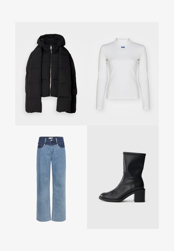 Čierna prešívaná bunda s kapucňou, predným zipsom, veľkými rukávmi, prešívanou textúrou a skráteným strihom.; Biely dlhý rukáv turtleneck top vyrobený z elastického materiálu, s priliehavým strihom a malým modrým logom na hrudi.; Svetlomodré riflové nohavice s širokými nohavicami, vysokým pásom, piatimi vreckami a kontrastným tmavomodrým záplatou vpredu.; Čierne kožené členkové topánky s okrúhlou špičkou, hladkou textúrou a robustným podpätkom, s priliehavým zvrškom a jemným prešívaním.