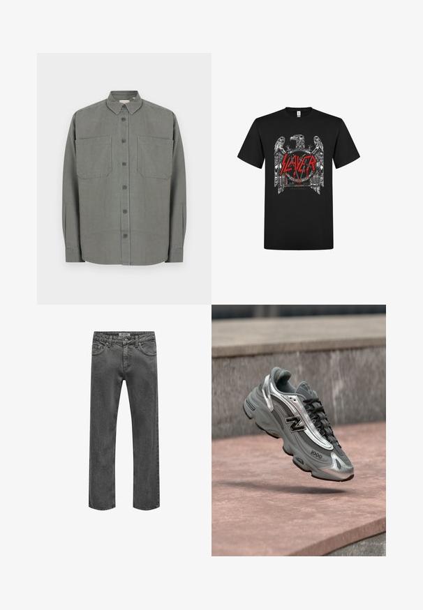 Chemise grise à boutons en tissu mélangé coton. Elle présente un col classique, deux poches poitrine et une fermeture à boutons sur le devant.; T-shirt noir avec un dessin d'aigle métallique entourant un texte rouge qui dégouline et épelle "SLAYER" en lettres dentelées.; Jean droit pour homme en denim gris foncé avec fermeture avant à bouton et zip, passants de ceinture et design classique à cinq poches.; Baskets New Balance grises et argentées marquées "1000", flottant au-dessus d'une surface en pierre rosée avec un mur en pierre grise en arrière-plan.