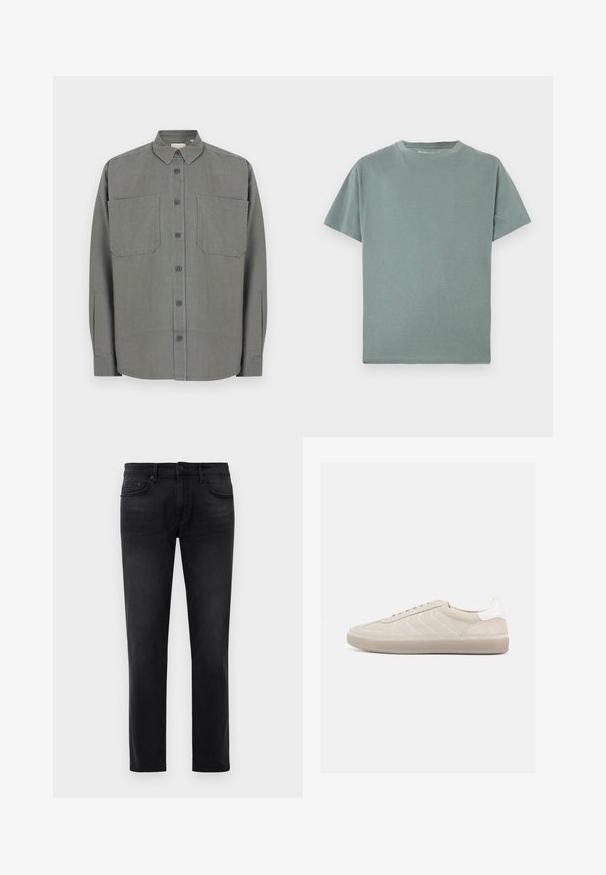 Chemise grise à boutons en tissu mélangé coton. Elle présente un col classique, deux poches poitrine et une fermeture à boutons sur le devant.; T-shirt vert à col rond en coton doux. Manches courtes, coupe décontractée et couture soignée le long de l'ourlet. Design minimaliste sans motifs.; Jean slim noir avec cinq poches, passants de ceinture et fermeture à bouton, posé à plat sur un fond blanc.; Baskets en daim beige avec une tige texturée, un contrefort de talon blanc lisse, de fines lacets et une semelle extérieure en caoutchouc. Présente un design bas profil.