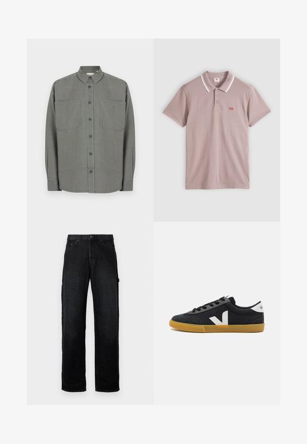 Grau Hemd mit Knöpfen aus einem Baumwollmischgewebe. Verfügt über einen klassischen Kragen, zwei Brusttaschen und eine vordere Knopfleiste.; Hellmaulfarbenes Poloshirt mit kurzen Ärmeln, drei Knöpfen, weißen Doppelstreifen am Kragen und kleinem rotem Levi's-Logo auf der Brust.; Schwarze Denim-Jeans mit geradem Bein, ausgestattet mit Fronttaschen, Knopfschluss und seitlichen Taschen für zusätzlichen Stauraum.; Schwarze Leinensneaker mit einer Wildlederkappe, weißem Logo-Akzent, schwarzen Schnürsenkeln und einer Gummisohle. Minimalistisches Design und niedriges Profil.
