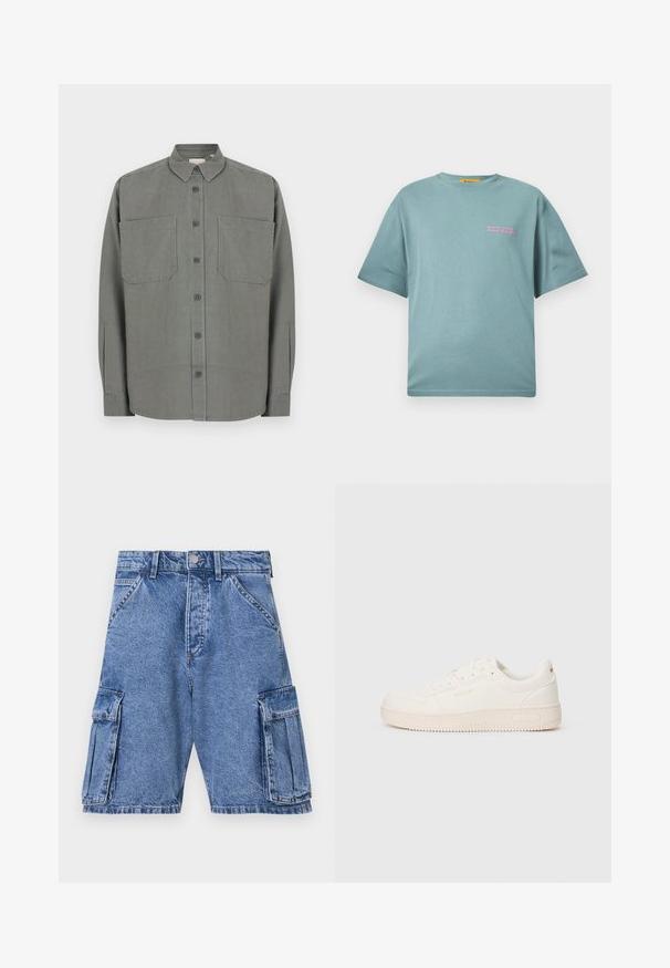 Grå skjorte med knapper lavet af bomuldsblanding. Har en klassisk krave, to brystlommer og lukning med knapper foran.; Lysblå bomulds-t-shirt med en løs pasform. Har rund hals og korte ærmer. Teksten i pink på venstre bryst lyder: "Arbejd hårdt, fest hårdt."; Blå denim cargo shorts med høj talje, flere cargo-lommer på siderne og en klassisk femlomme-design. Stenvasket tekstur.; Lavtop creme sneaker med snørebånd fortil, perforeret tå, tekstureret sål og "REPLAY" logo på siden og hæltab.