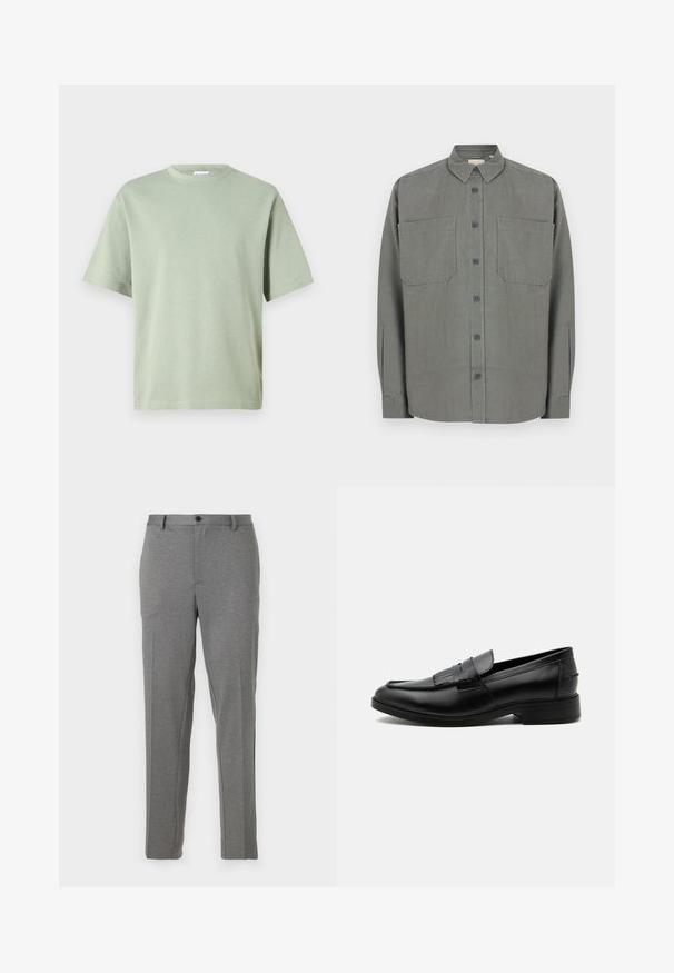 Chemise grise à boutons en tissu mélangé coton. Elle présente un col classique, deux poches poitrine et une fermeture à boutons sur le devant.; T-shirt en coton vert clair avec un col rond et des manches courtes. Le tissu a une texture lisse et n'est pas orné de motifs.; Pantalons gris ajustés avec une texture lisse, un léger motif, une fermeture éclair et un bouton, dotés de poches avant et de jambes fuselées.; Mocassin homme en cuir noir avec détail pompon, bout arrondi, talon bas et finition polie lisse, montré de profil sur fond blanc.