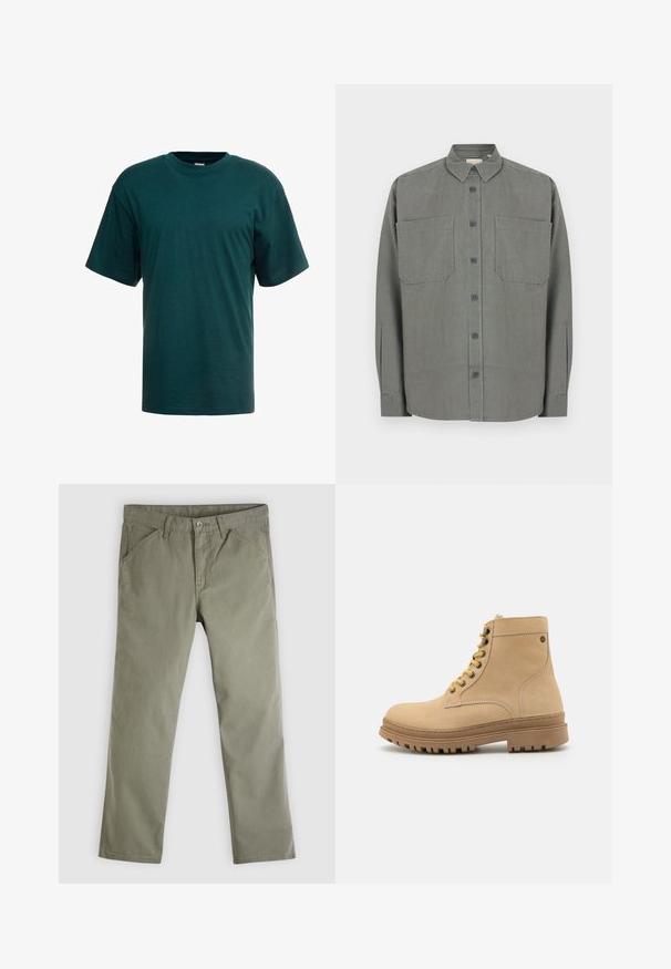Grau Hemd mit Knöpfen aus einem Baumwollmischgewebe. Verfügt über einen klassischen Kragen, zwei Brusttaschen und eine vordere Knopfleiste.; Dunkelgrünes Baumwoll-T-Shirt mit kurzen Ärmeln, Rundhalsausschnitt und lässiger Passform. Glatte Textur ohne sichtbare Muster oder Verzierungen.; Herrenhose in geradem Schnitt, olivgrün, leger, mit Taschen vorne und hinten, Knopfverschluss und Gürtelschlaufen.; Braune Leder-Stiefeletten mit runder Zehenform, dicker Gummisohle, sechs Ösen, gelben Schnürsenkeln und seitlicher Nahtdetail. Glatte Textur.