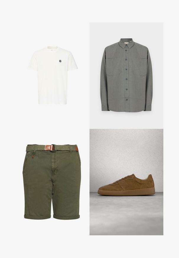 Camisa gris abotonada hecha de tela mezclada de algodón. Cuenta con un cuello clásico, dos bolsillos en el pecho y cierre frontal con botones.; Camiseta de algodón blanca de manga corta, con un pequeño logo geométrico negro en el lado izquierdo del pecho. Corte recto y escote redondo.; Pantalones cortos verde olivo de algodón con un cinturón tejido. Cuenta con dobladillos enrollados, bolsillos delanteros y un acento de cuero en el cinturón.; Zapatilla deportiva de ante marrón con cordones color beige y suela de goma. Presenta una puntera redondeada y detalles cosidos en la parte superior. Diseño ligero.