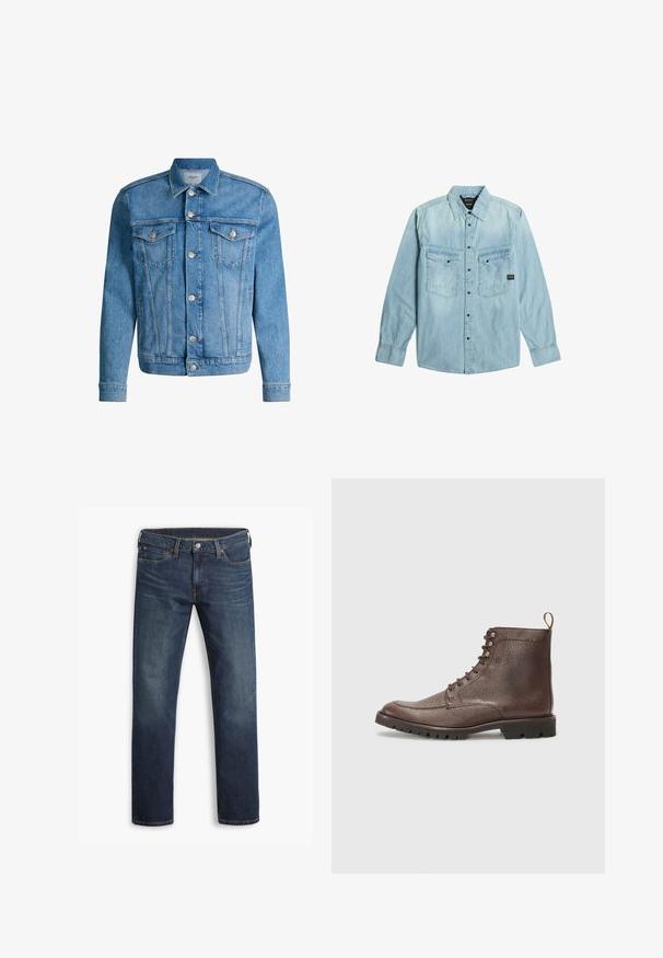 Blaue Jeansjacke mit vorderen Metallknöpfen, zwei Brustklappentaschen mit Knöpfen, Seitentaschen und einem klassischen Kragen.; Hellblaues Denim-Hemd mit langen Ärmeln, Knopfverschluss, zwei vorderen Pattentaschen mit Knöpfen und klassischem Kragen.; Dunkelblaue Herren-Jeans mit geradem Bein, fünf Taschen und Knopfverschluss, flach auf weißem Hintergrund gezeigt.; Hackett London SLOANE APRON - Schnürstiefelette - dark mocca brown