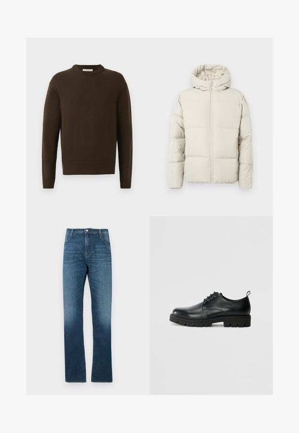 Lyse beige pufferjakke med hætte, med lynlås foran, quiltet mønster og blødt indersidefor for varme og komfort.; Brun strikket sweater med rund hals, lange ærmer og ribbede manchetter. Blød tekstur, glat finish og en afslappet pasform.; Denim jeans i mellemblå med en lysnet vask. Har fem lommer, knaplukning og et lige ben-design. Glat tekstur.; Sort læder sko med en rund tå, der har snørelukning, solid sort gummisål og en lille hælflap bagpå.