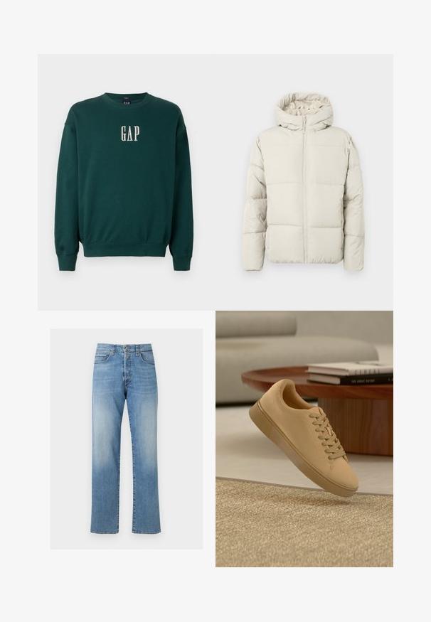 Lichtbeige pufferjack met een capuchon, voorzien van een ritssluiting aan de voorkant, een doorgestikt patroon en een zachte binnenvoering voor warmte en comfort.; Groene sweatshirt met lange mouwen, voorzien van geribbelde manchetten en tailleband, met een witte geborduurde "GAP"-logo op de borst. Zachte stofstructuur.; Lichtblauwe rechtvallende spijkerbroek met een hoge taille, een knoop- en ritssluiting aan de voorkant, en een stijl met vijf zakken.; Beige vetersneaker die boven een gestructureerd tapijt zweeft, met een houten salontafel en gestapelde boeken op een wazige achtergrond.