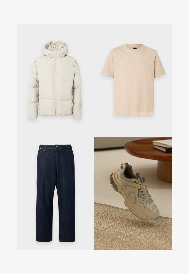 Helle beige Steppjacke mit Kapuze, ausgestattet mit einem Reißverschluss vorne, gestepptem Muster und weichem Innenfutter für Wärme und Komfort.; Beiges T-Shirt mit kurzen Ärmeln und Rundhalsausschnitt, auf der Brust mittig mit weißem Text „JACK & JONES PREMIUM EST. 1990“ bedruckt.; Dunkelblaue, gerade geschnittene Jeans aus Denimstoff mit Knöpfen vorne, Reißverschluss, Gürtelschlaufen und Taschen, vor einem schlichten Hintergrund präsentiert.; Beige und graue Sport-Sneaker mit Mesh- und Wildlederelementen, die über einem gewebten Teppich schwebt, neben einem Holztisch mit Büchern.