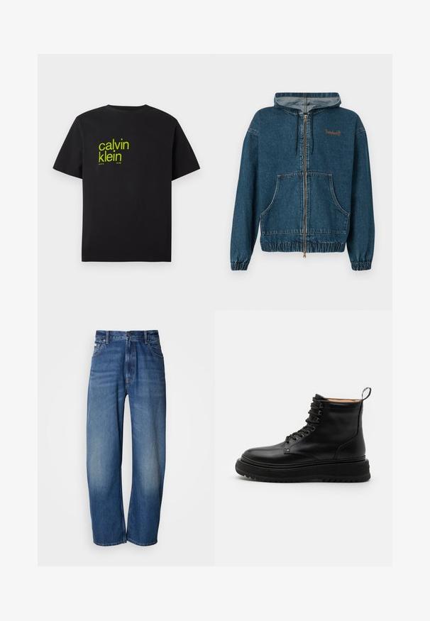 Denim sinise värvusega lukuga kapuutsiga dressipluus ees taskuga, elastsete mansettide ja äärega, nööriga kapuutsiga ning vasakul rinnal väikese Timberlandi logoga.; Must mustrips mustrips t-särk musta puuvillast, millel on kollane tekst, mis ütleb "calvin klein" ja "new york city since 1968" modernses, julges fondis. Lühikesed varrukad.; Lainete lõikega teksapüksid keskmise sinise tooniga. Varustatud luku ja viie taskuga ning kerge tuhmumisega kulunud välimuse loomiseks. Klassikalise õmbluse detailid.; Sneaky Steve SLACK - Nööritavad poolsaapad - black