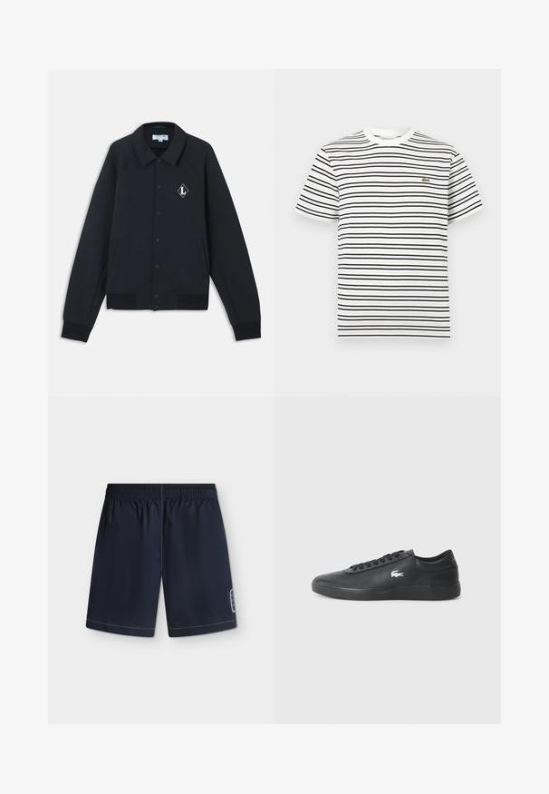 Veste noire boutonnée avec col, manches longues, poches latérales, poignets côtelés, ourlet inférieur et petit logo blanc en forme de diamant sur la poitrine gauche.; T-shirt blanc à manches courtes avec des rayures horizontales noires et un petit logo de crocodile vert sur le côté gauche de la poitrine.; Short de bain bleu marine avec taille élastique et logo blanc cousu sur le côté inférieur sur fond clair.; Sneaker en cuir noir avec bout arrondi, semelle plate et logo blanc sur le côté. Présente des lacets noirs et une finition lisse et mate.