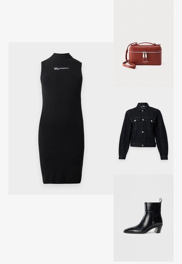Mørk denimjakke med krave, sølvfarvede trykknapper, to brystlommer og et kort design. Har synlige syninger og lange ærmer.; Sort ærmeløs ribstrikket kjole med høj hals og hvidt "Karl Lagerfeld Jeans" logo på brystet.; Sort læder ankelstøvle med spids tå, geometrisk stablet hæl og en løftestrop bagpå. Glat tekstur og slankt design.; Kompakt brun læder crossbody-taske med dobbelt sølvlynlås og justerbar rem, Emporio Armani-logo på forsiden.