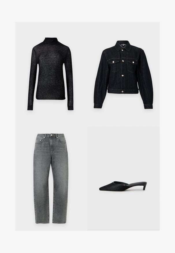 Dunkle Jeansjacke mit Kragen, silbernen Druckknöpfen, zwei Brusttaschen und kurzem Schnitt. Verfügt über sichtbare Nähte und lange Ärmel.; Schwarzes Langarm-Turtleneck-Oberteil aus transparenter Stoff, verziert mit verstreuten silbernen Punkten, das eine enganliegende Silhouette präsentiert.; Graue Jeans aus Denim zeichnen sich durch einen geraden Beinverlauf, ein klassisches Fünf-Taschen-Design und metallene Knopfdetails vorne aus.; Schwarze Wildleder-Mules mit spitzer Zehenform und niedrigem Absatz. Verfügen über eine glatte Textur und einen offenen Rücken für bequemes Tragen. Einfaches Design ohne Muster.