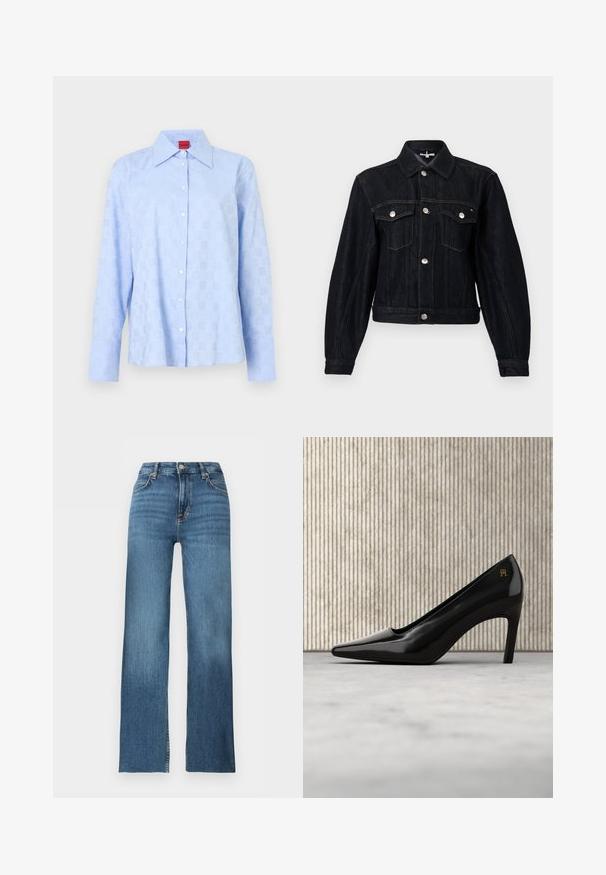 Veste en denim foncé avec col à revers, boutons pression argentés, deux poches poitrine et coupe courte. Présente des coutures apparentes et des manches longues.; Chemise bleu clair à manches longues avec un col à boutons, un motif discret en relief et des boutons blancs sur la patte de boutonnage avant.; Jean bleu taille haute à jambes droites avec bouton et fermeture éclair à l'avant, passants de ceinture et cinq poches sur fond blanc.; Chaussure à talon haut noire à bout pointu avec un détail logo doré, placée debout sur une surface réfléchissante à côté d'un organiseur de dossiers en métal.