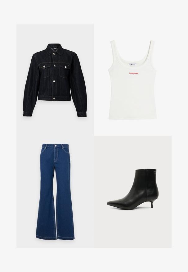 Mørk denimjakke med krave, sølvfarvede trykknapper, to brystlommer og et kort design. Har synlige syninger og lange ærmer.; Hvid ribbet tanktop med rund halsudskæring og "tommy jeans" logo i rødt centreret på brystet.; Mørkeblå sænkede jeans lavet af denim. Funktioner inkluderer bæltesløjfer, forreste lommer og kontraststing. Bred benåbning.; Sort læder ankelstøvle med spids tå og lav kitten hæl på lys baggrund, der viser yderside.