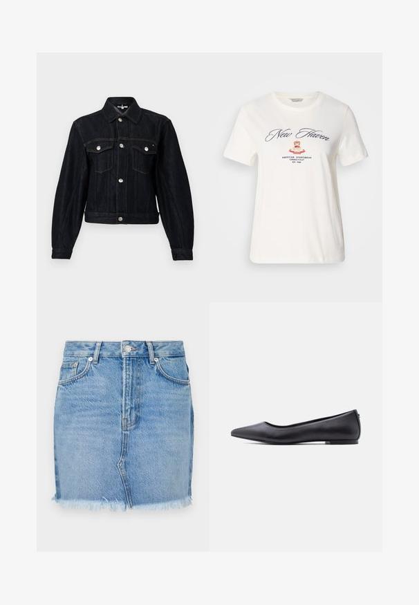 Veste en denim foncé avec col à revers, boutons pression argentés, deux poches poitrine et coupe courte. Présente des coutures apparentes et des manches longues.; T-shirt en coton blanc à manches courtes, portant un texte en cursive bleu marine "New Haven" et un logo de couronne rouge, avec "GANT" et un texte supplémentaire en dessous.; Jupe en denim bleu avec une coupe ajustée, ourlet brut et poches avant classiques. Texture lisse avec un léger dégradé pour un look décontracté.; Chaussure plate en cuir noire à bout pointu avec petit talon, vue de profil sur fond blanc.