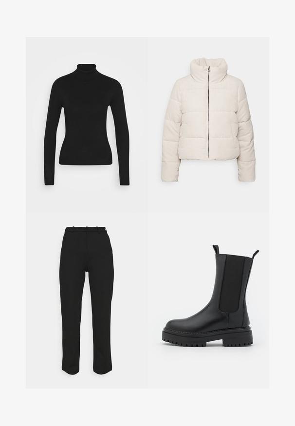 Afskåret pufferjakke i lys beige corduroy med høj krave, frontlynlås og to sidelommer med vandret quiltet tekstur.; Sort turtleneck sweater med lange ærmer, lavet af et glat strikket stof. Har et tætsiddende design og en ribbet krave.; Sorte skræddersyede bukser med en lige pasform, fremstillet af et glat stof. Har bæltestropper og en ren talje uden synlige lommer.; RAID CHERISH - Plateaustøvler - black