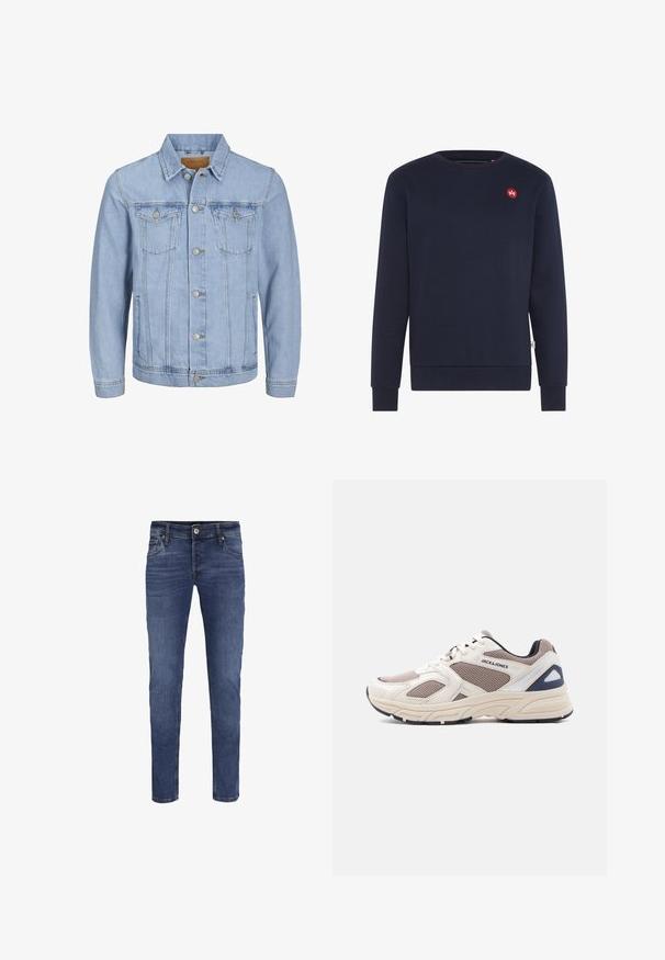 Veste en denim bleu clair avec un col, fermeture à boutons, deux poches poitrine, poches latérales et détails cousus le long des coutures.; Sweat-shirt bleu marine en coton doux, avec un col rond, des manches longues et un petit logo rouge contrastant sur la poitrine.; Jeans en denim bleu slim-fit pour hommes avec fermeture à bouton et glissière, poches avant et arrière, et légers détails de décoloration.; Chaussure de sport en maille beige et taupe avec partie synthétique, lacets à l'avant, semelle rembourrée et logo "JACK & JONES" sur le côté.