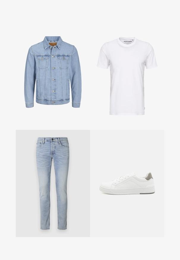 Helles blaues Jeansjackett mit Kragen, Knopfverschluss, zwei Brusttaschen, Seitentaschen und gestickten Details entlang der Nähte.; Weißes T-Shirt mit kurzen Ärmeln aus Baumwolle, mit Rundhalsausschnitt und einem schlichten Design. Markentag im Nackenbereich sichtbar. Keine Muster oder Verzierungen.; Hellblaue Jeans im Slim-Fit-Stil mit einem Fünf-Taschen-Design und einem Reißverschluss. Sie weisen subtile Ausbleichungen und gestickte Details an den Nähten auf.; Weißer Sneaker aus glattem Leder, runde Zehenpartie, minimalistisches Design, graue Fersenkante und strukturierte Gummisohle.